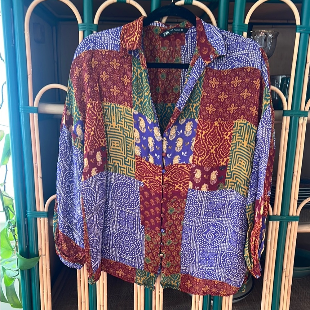 Zara Multicolor Patchwork Button Down Shirt - image 2